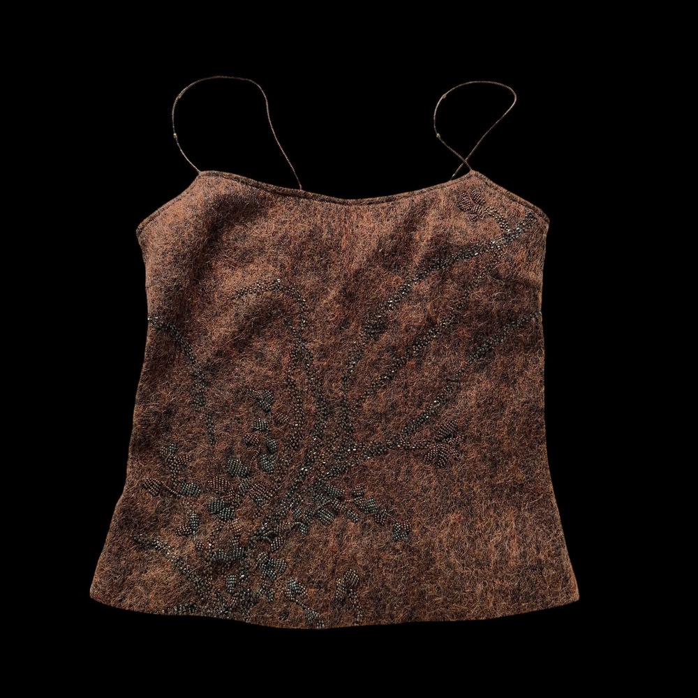 Y2K Fairy Boho Brown Mohair Wool Blend Beaded Camisole Top Metallic Sz 4